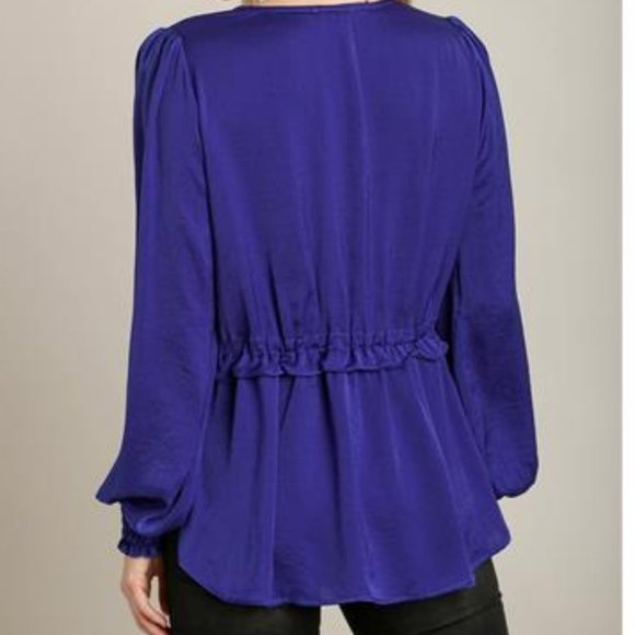NWT Satin V-Neck Ruffle Baby Doll Top, Cuffed Sleeves, "Sapphire" Color, Elegant - Picture 2 of 5